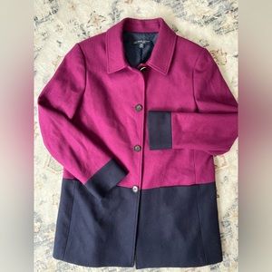 Brooks Brothers 346 Car Coat Wool 2 Tone Color blocked midi length Magenta Navy